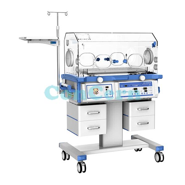 CCBB-200LThe infant bed inclination angle is adjustable;six operating windows,two sides operating windows can be swiveled 16.Heater is electrically cut-out if air temperature inside incubator exceed 40°C;Cabinet with three drawers,silence castors.